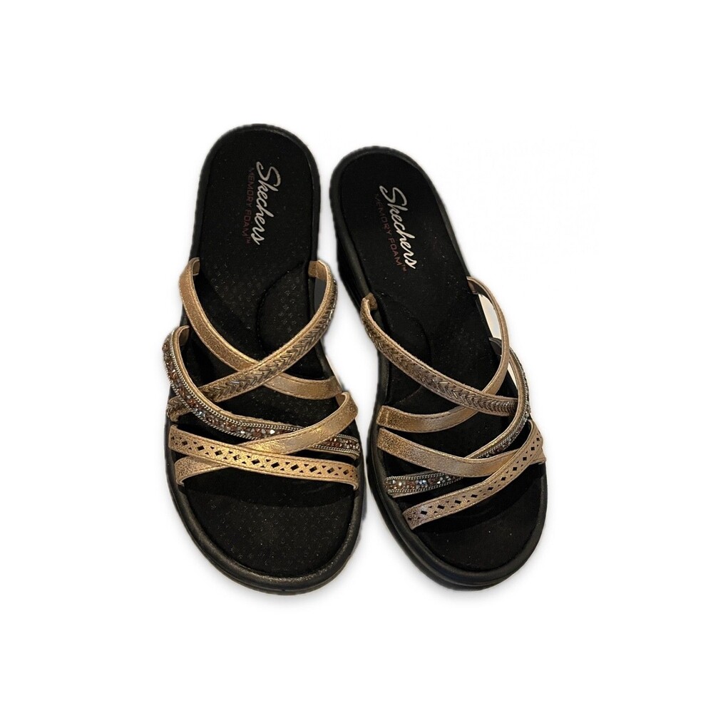Skechers Memory Foam Cali Wedge Strappy Slip On Sandals Black Sz 10 - Picture 2 of 4